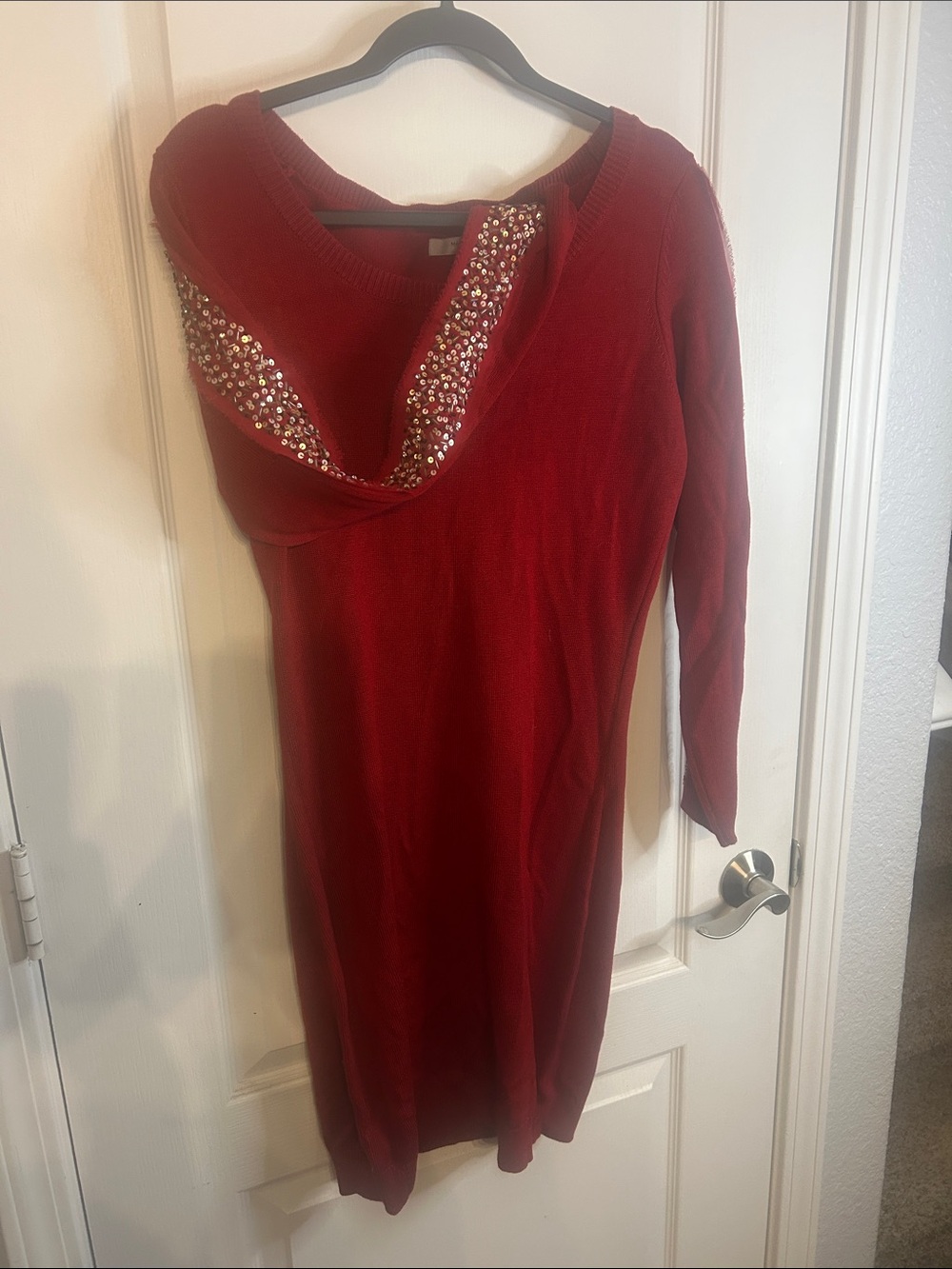 Embellished Hooded Knit Dress - Red